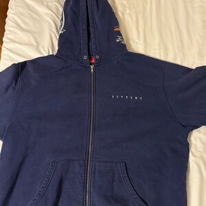 Supreme Navy Blue Globe Zip-Up Hoodie